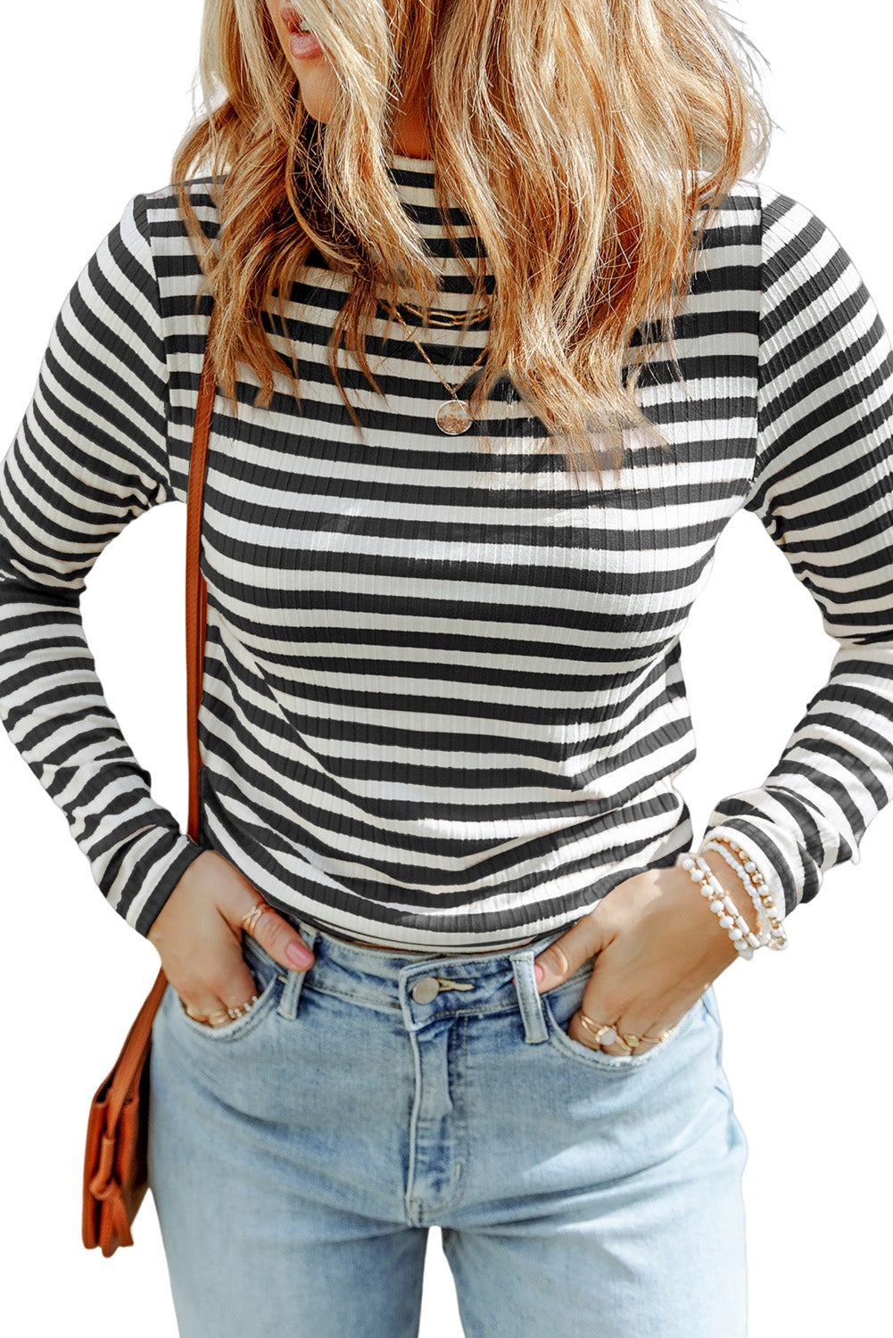 Stripes Print Ribbed Knit Long Sleeve Casual Mock Neck Top