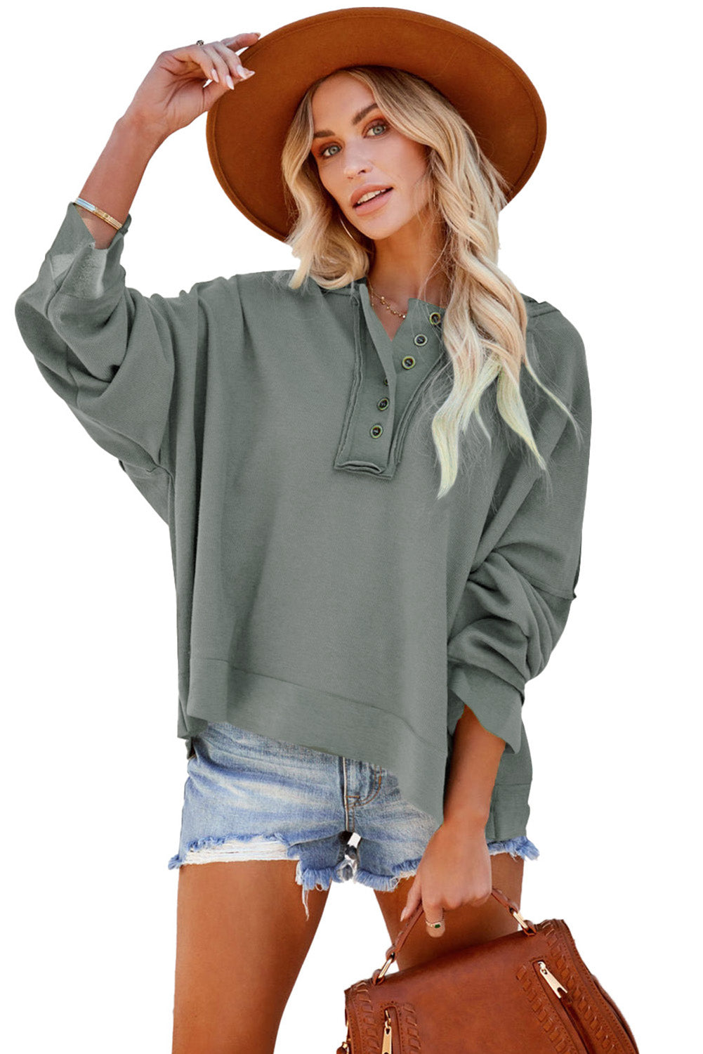 Khaki Solid Casual Button Patchwork Seam Trim Hoodie