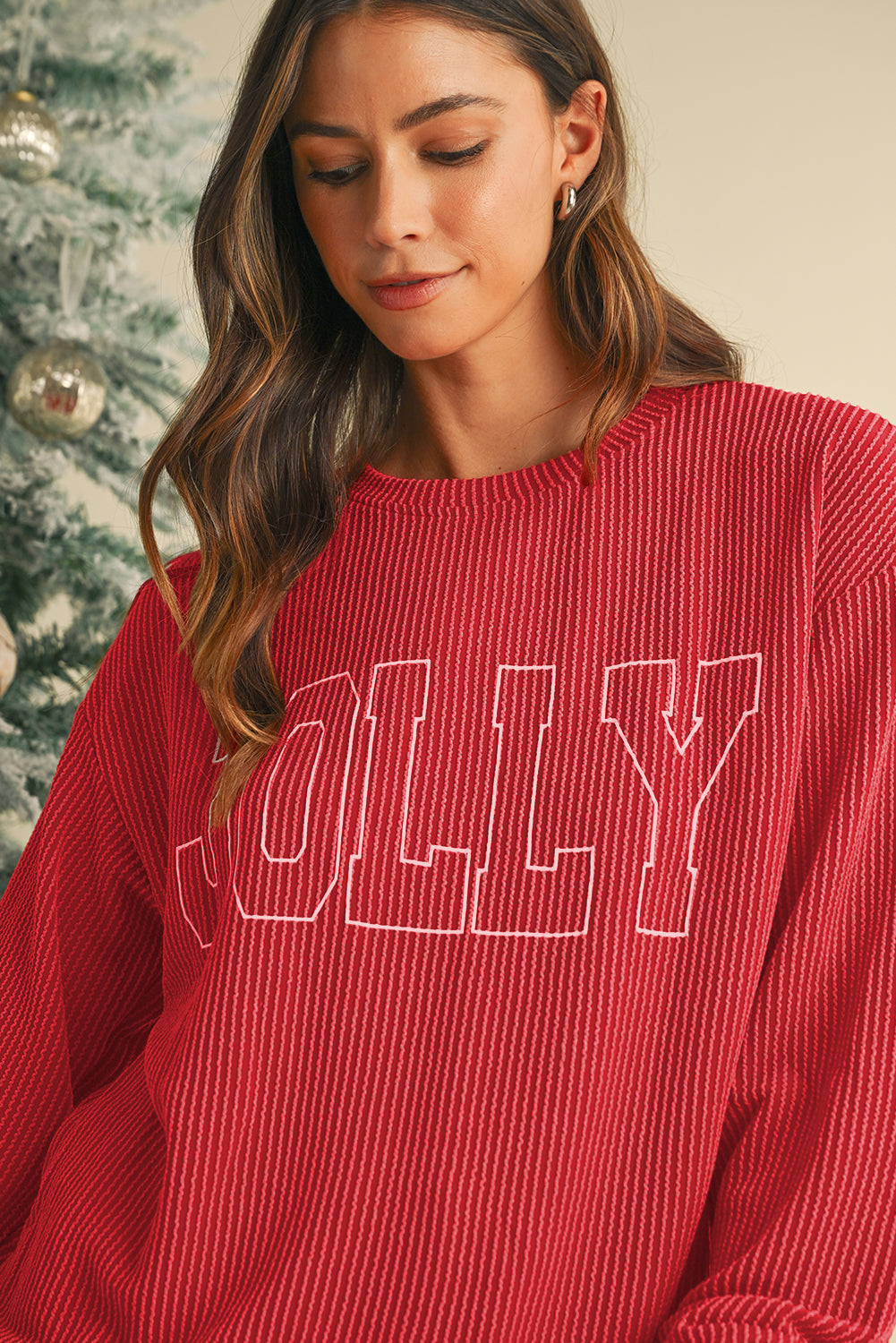 Evergreen Crinkle Rib JOLLY Pattern Long Sleeve Top and Pockets Pants Set - Kustom Kreations Goods