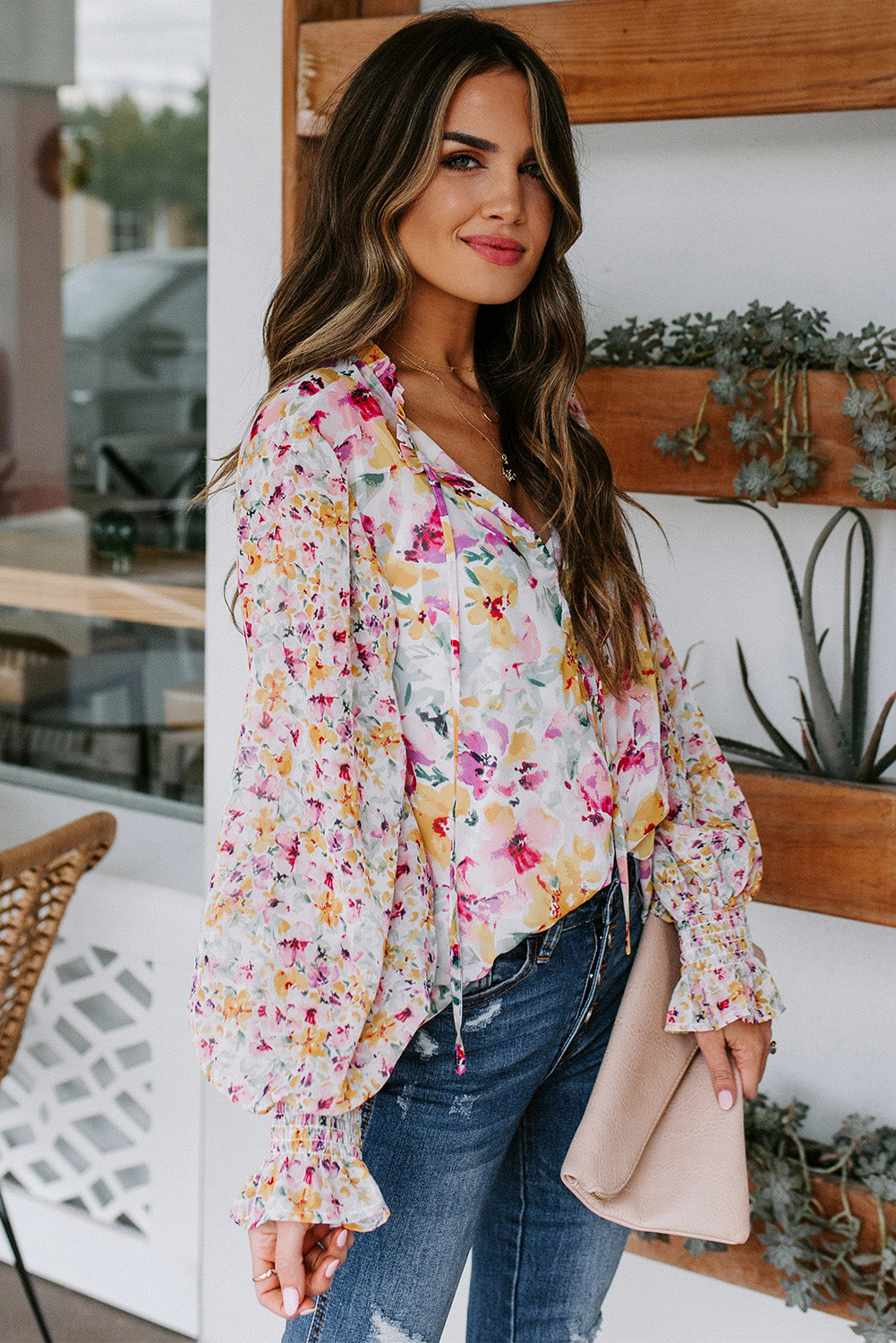 Red Floral Print Boho Tie Front Long Sleeve Blouse for Women