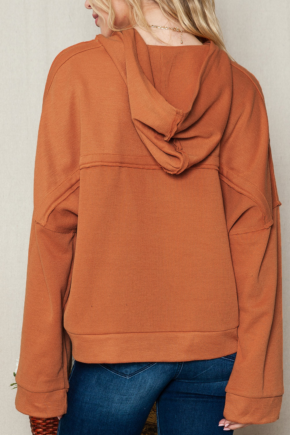 Khaki Solid Casual Button Patchwork Seam Trim Hoodie