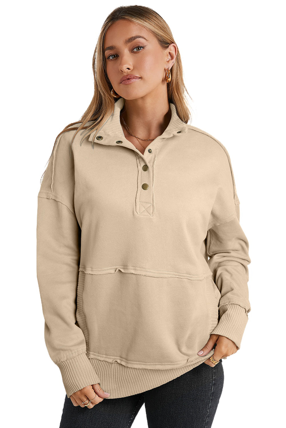 Gray Ribbed Trim Snap Button Collar Kangaroo Pocket Sweatshirt