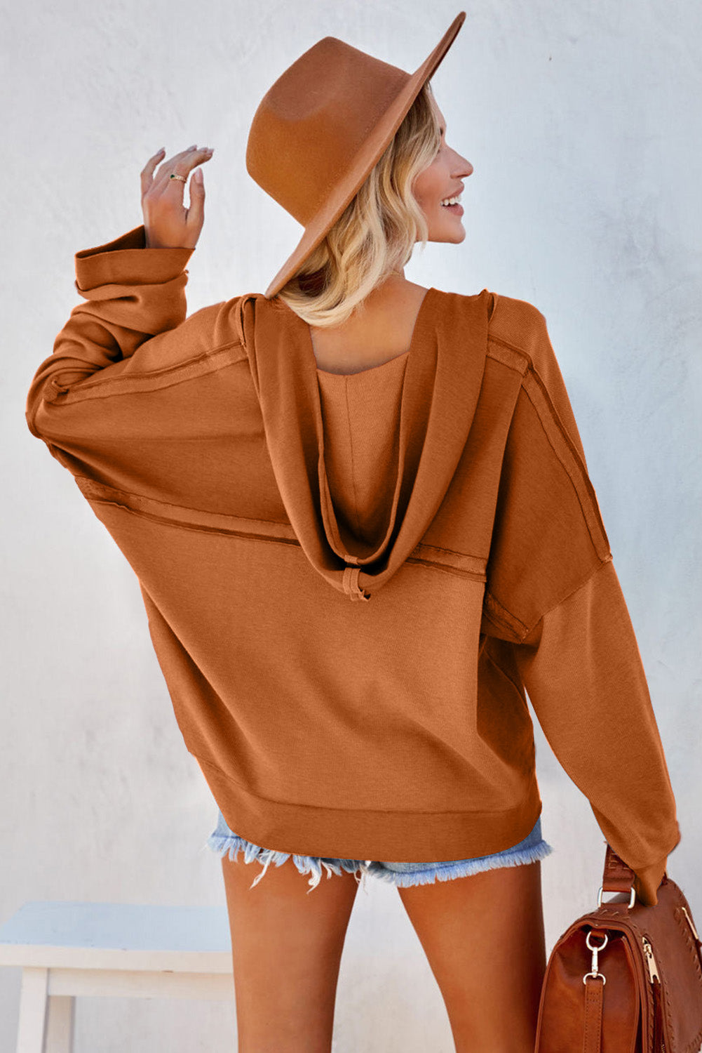Khaki Solid Casual Button Patchwork Seam Trim Hoodie
