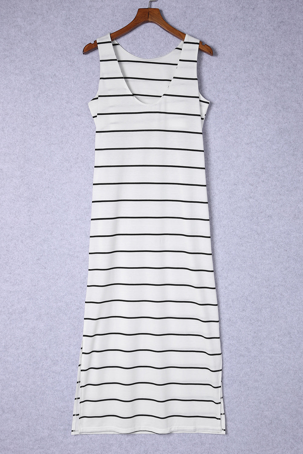 White Stripe Print Open Back Sleeveless Maxi Dress With Slits