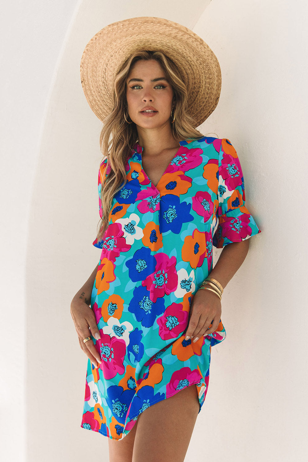 Rose Floral Print Mandarin Collar Short Sleeve Tunic Dress