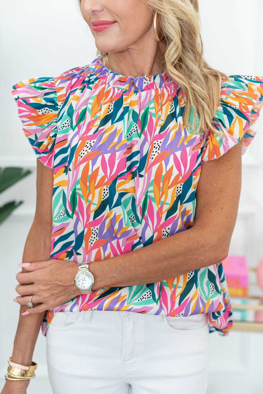 Rose Red Abstract Print Ruffled Flutter Shoulder Blouse