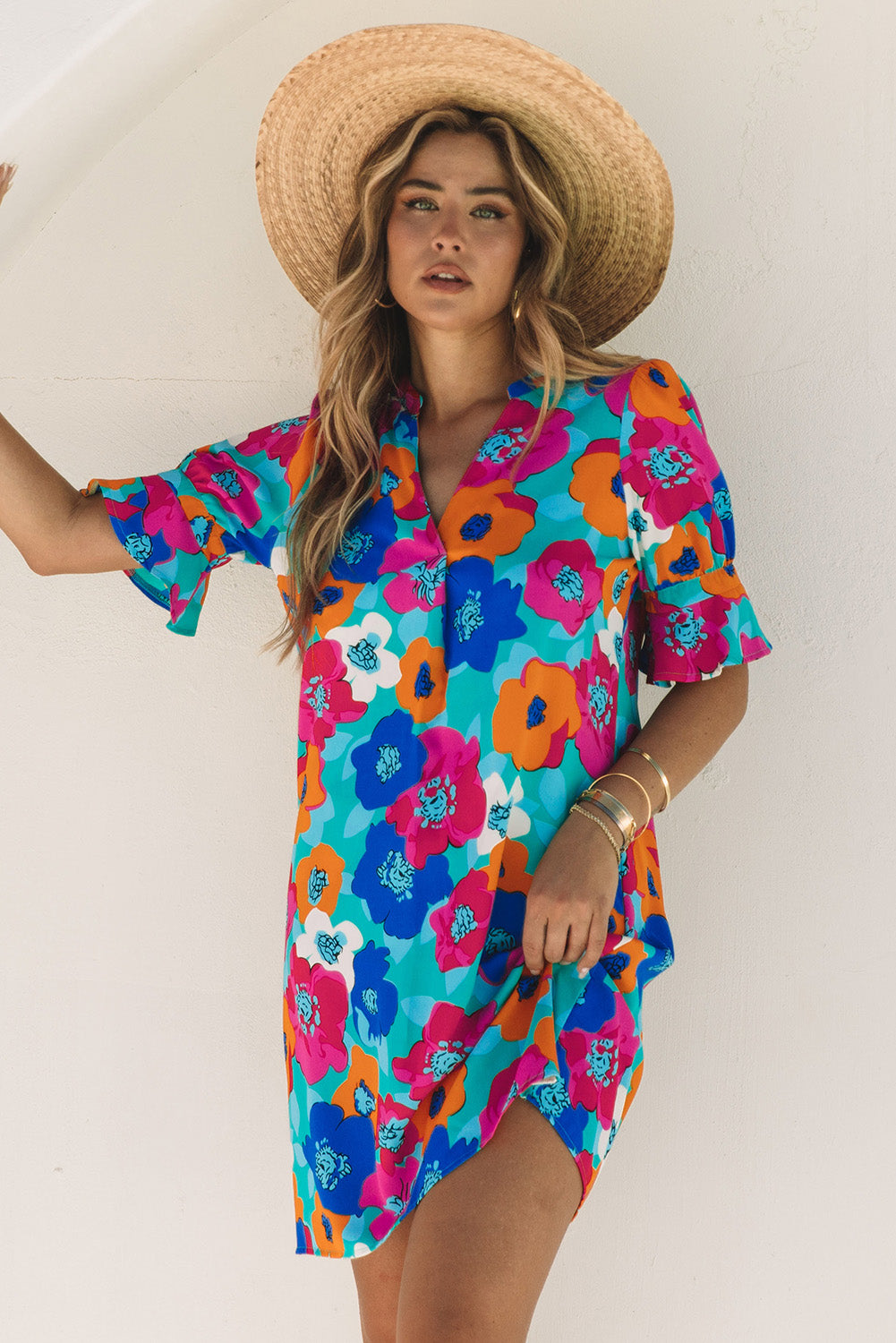 Rose Floral Print Mandarin Collar Short Sleeve Tunic Dress