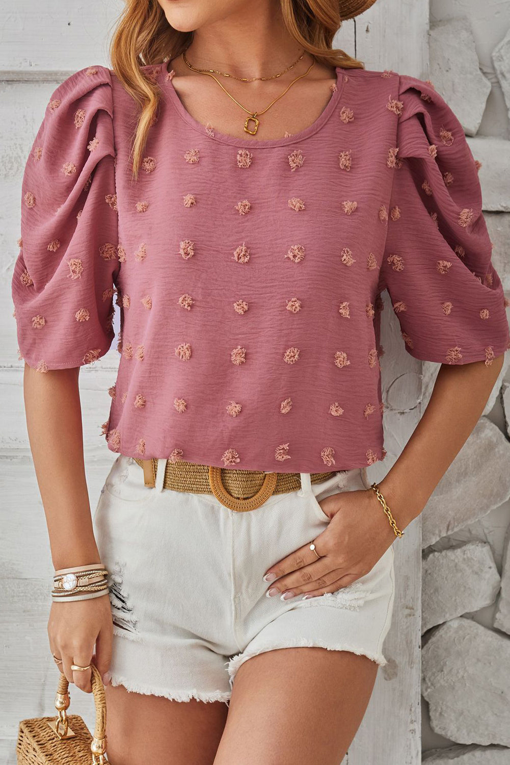Rose Pink Swiss Dot Jacquard Puff Sleeve Blouse
