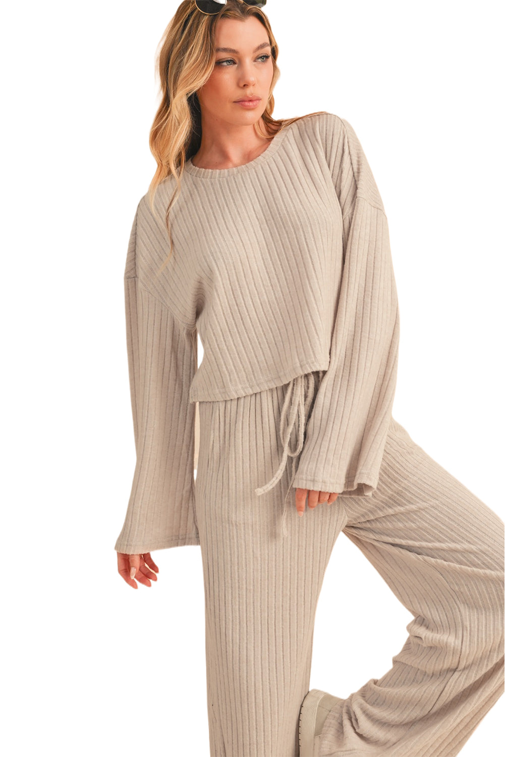 Khaki Ribbed Long Sleeve Crop Top & Drawstring Pants Set
