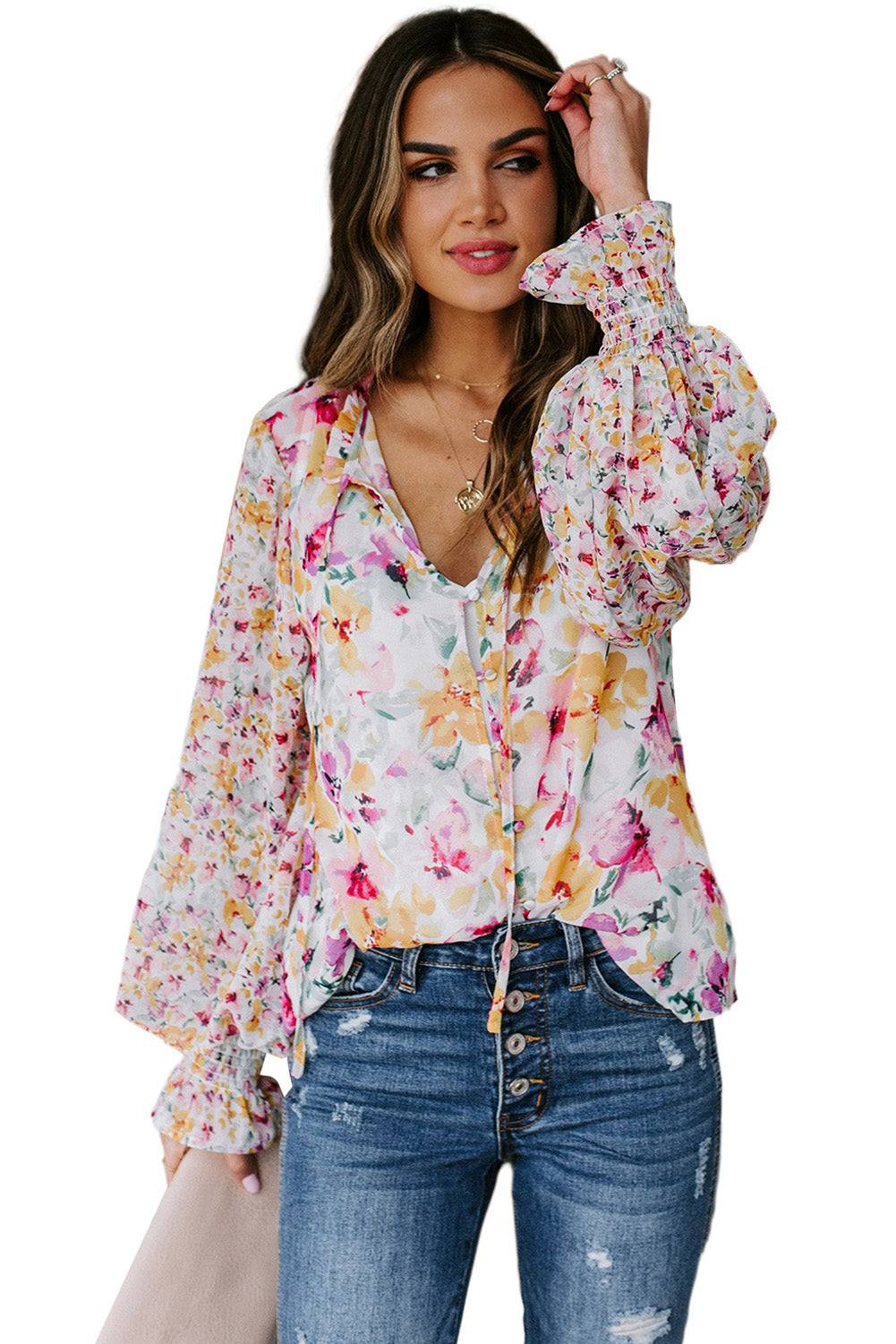 Red Floral Print Boho Tie Front Long Sleeve Blouse for Women