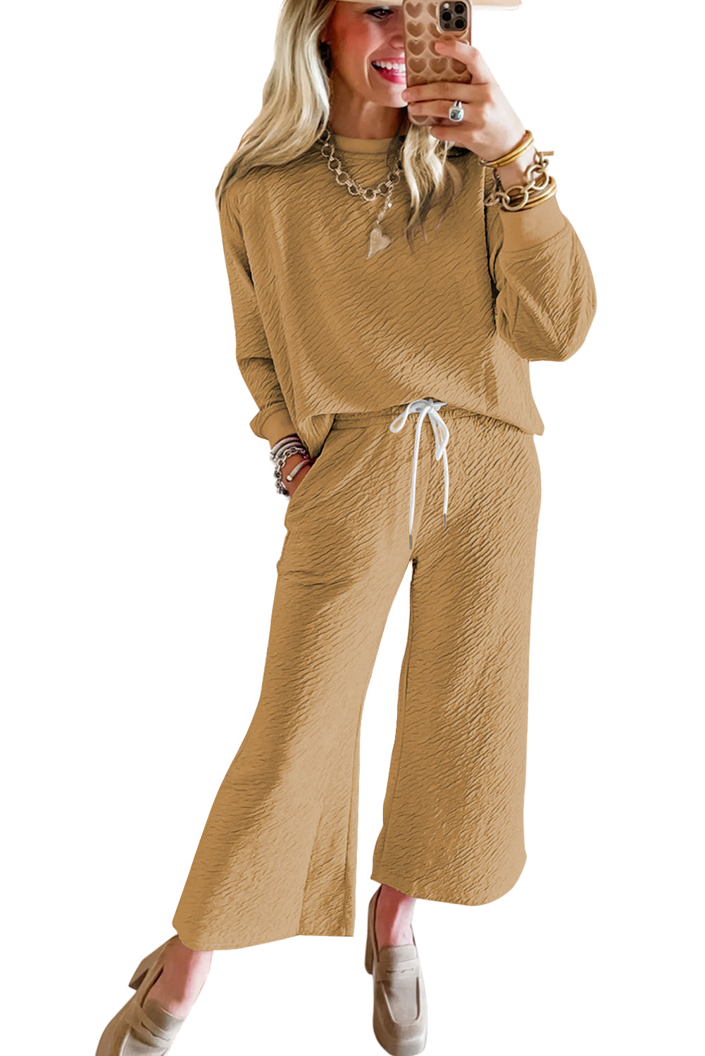 Light Beige Plain Textured Long Sleeve Top and Pants Set