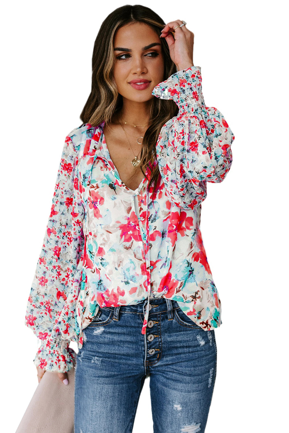 Red Floral Print Boho Tie Front Long Sleeve Blouse for Women
