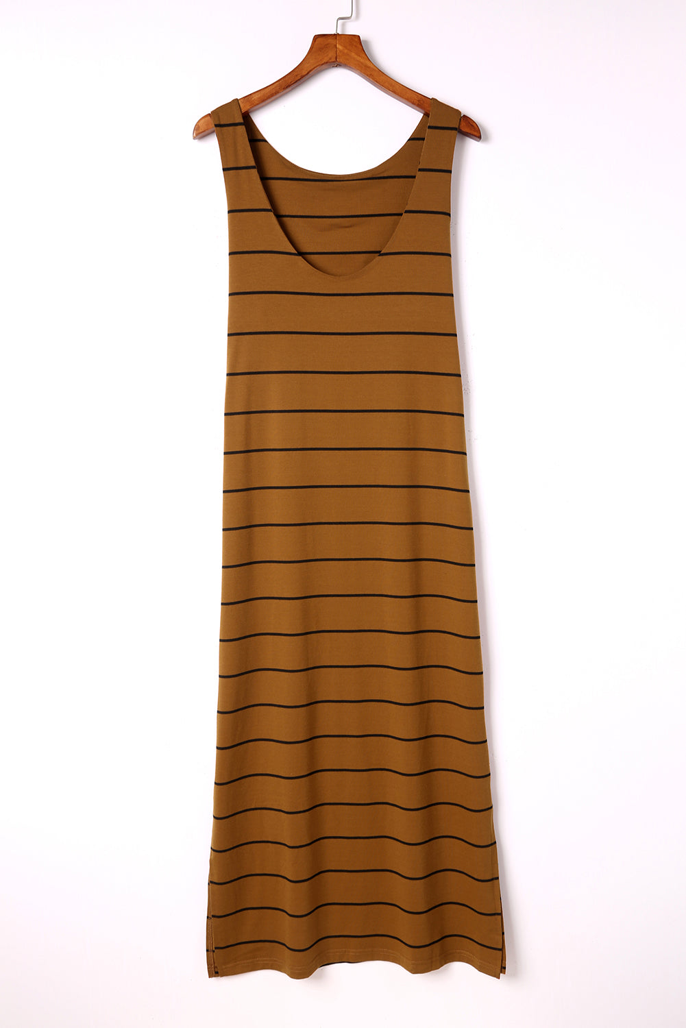 White Stripe Print Open Back Sleeveless Maxi Dress With Slits