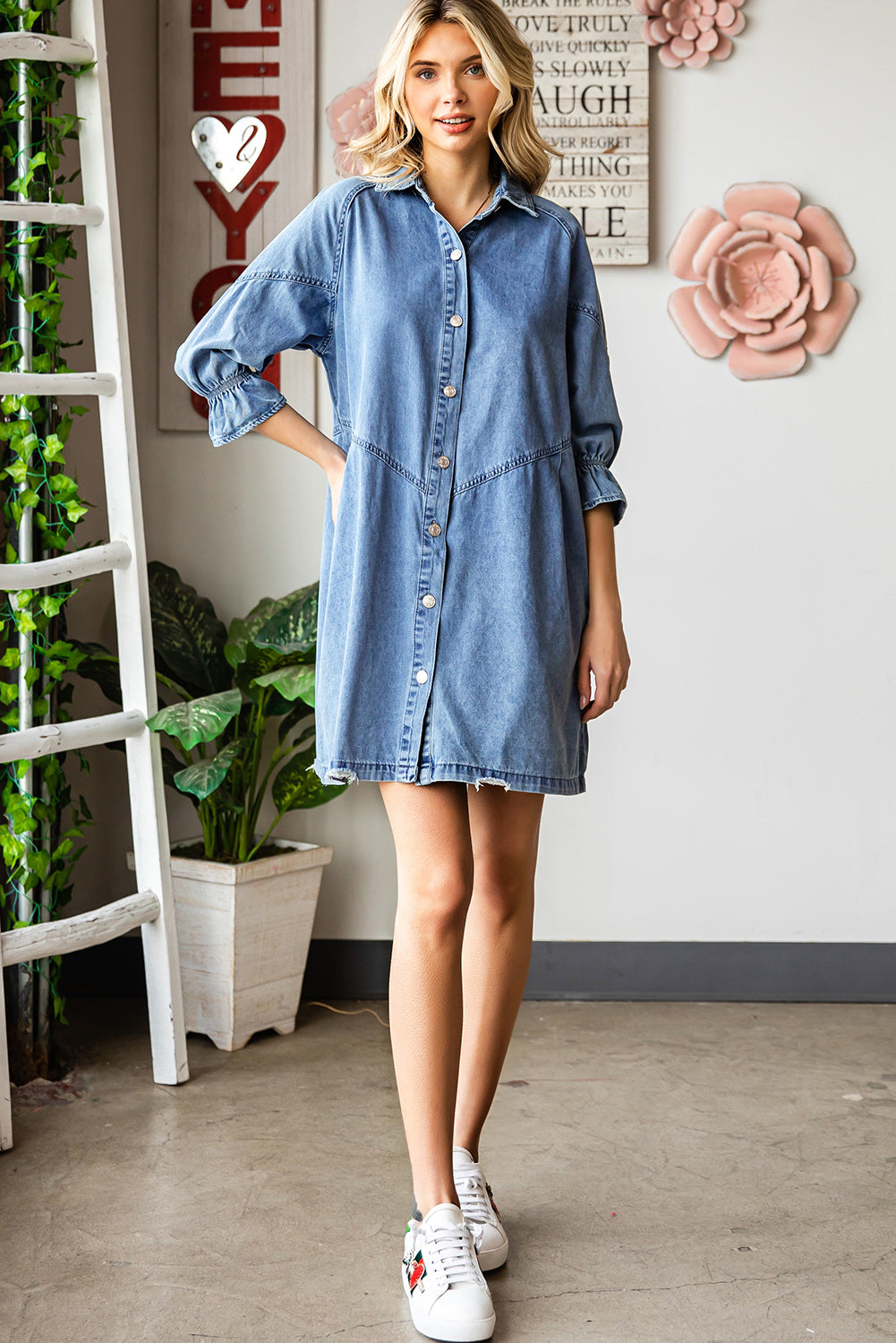 Light Blue Casual Buttoned Ruffle Denim Short Dress