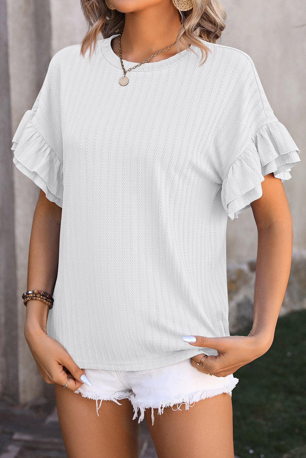 White Solid Color Layered Ruffle Sleeve Textured Blouse