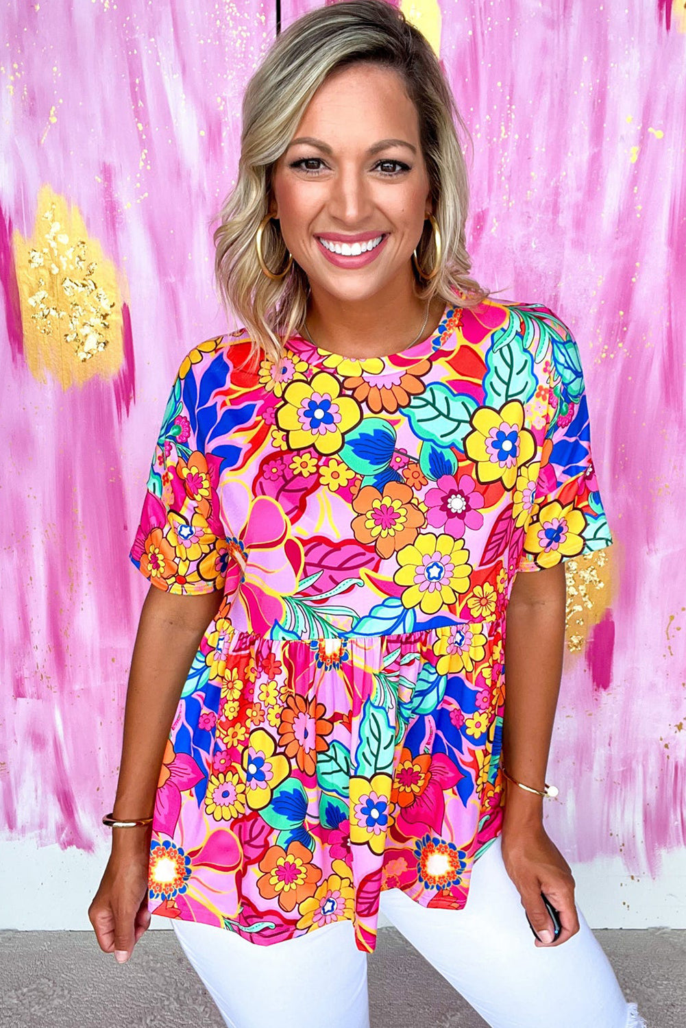 Rose Floral Print Short Sleeve Pleated Babydoll Blouse