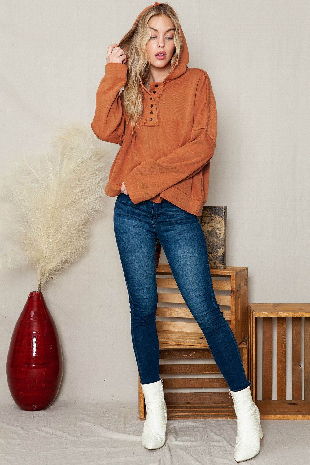 Khaki Solid Casual Button Patchwork Seam Trim Hoodie