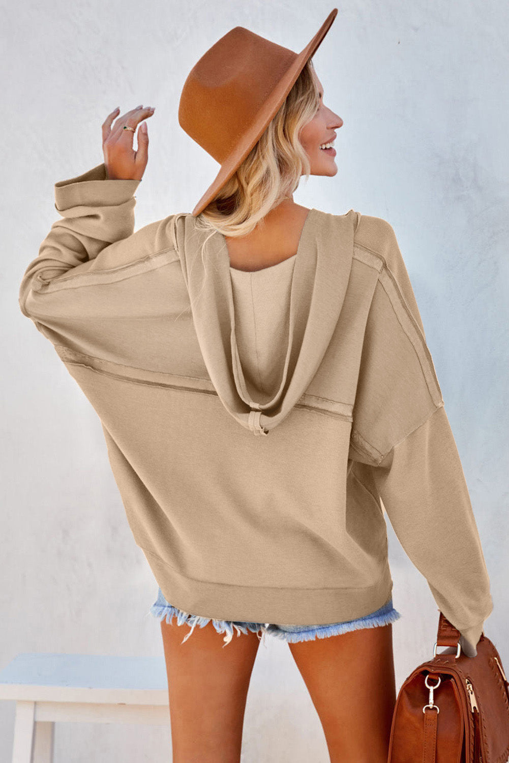 Khaki Solid Casual Button Patchwork Seam Trim Hoodie