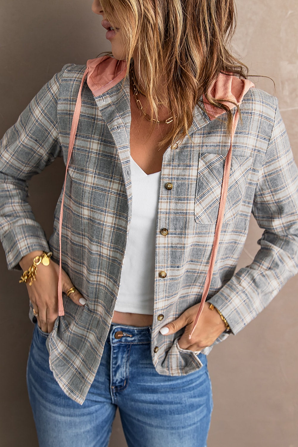 Black Plaid Drawstring Hooded Shacket
