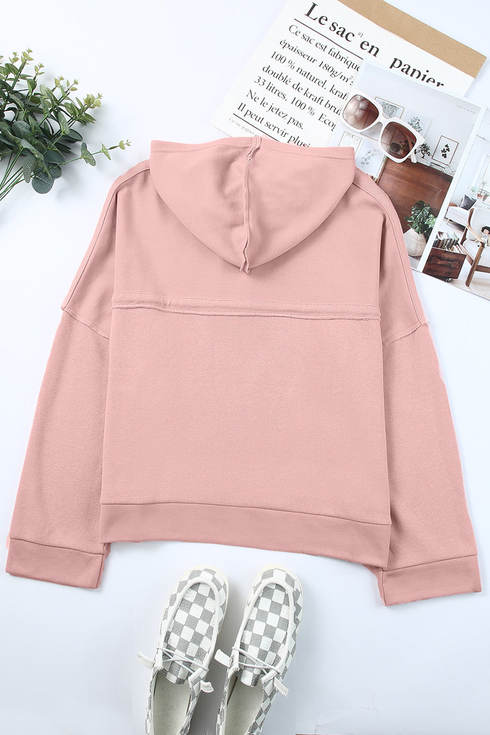 Khaki Solid Casual Button Patchwork Seam Trim Hoodie