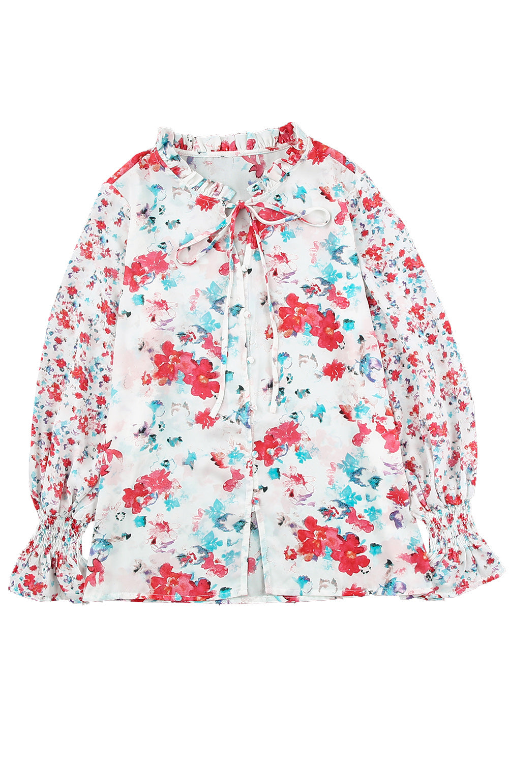 Red Floral Print Boho Tie Front Long Sleeve Blouse for Women