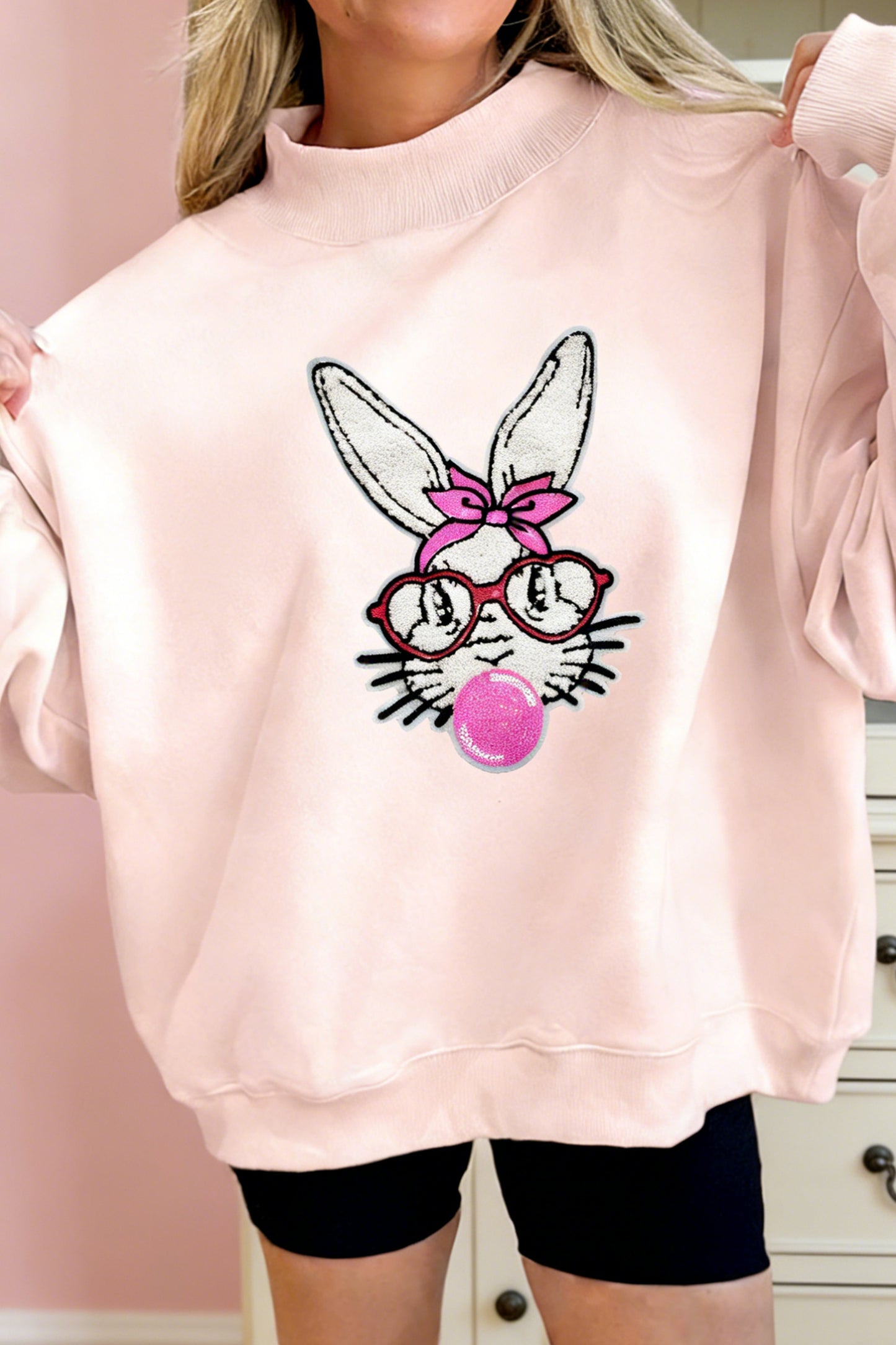 Apricot Pink Bubble Gum Bunny Chenille Patch Sweatshirt - Kustom Kreations Goods