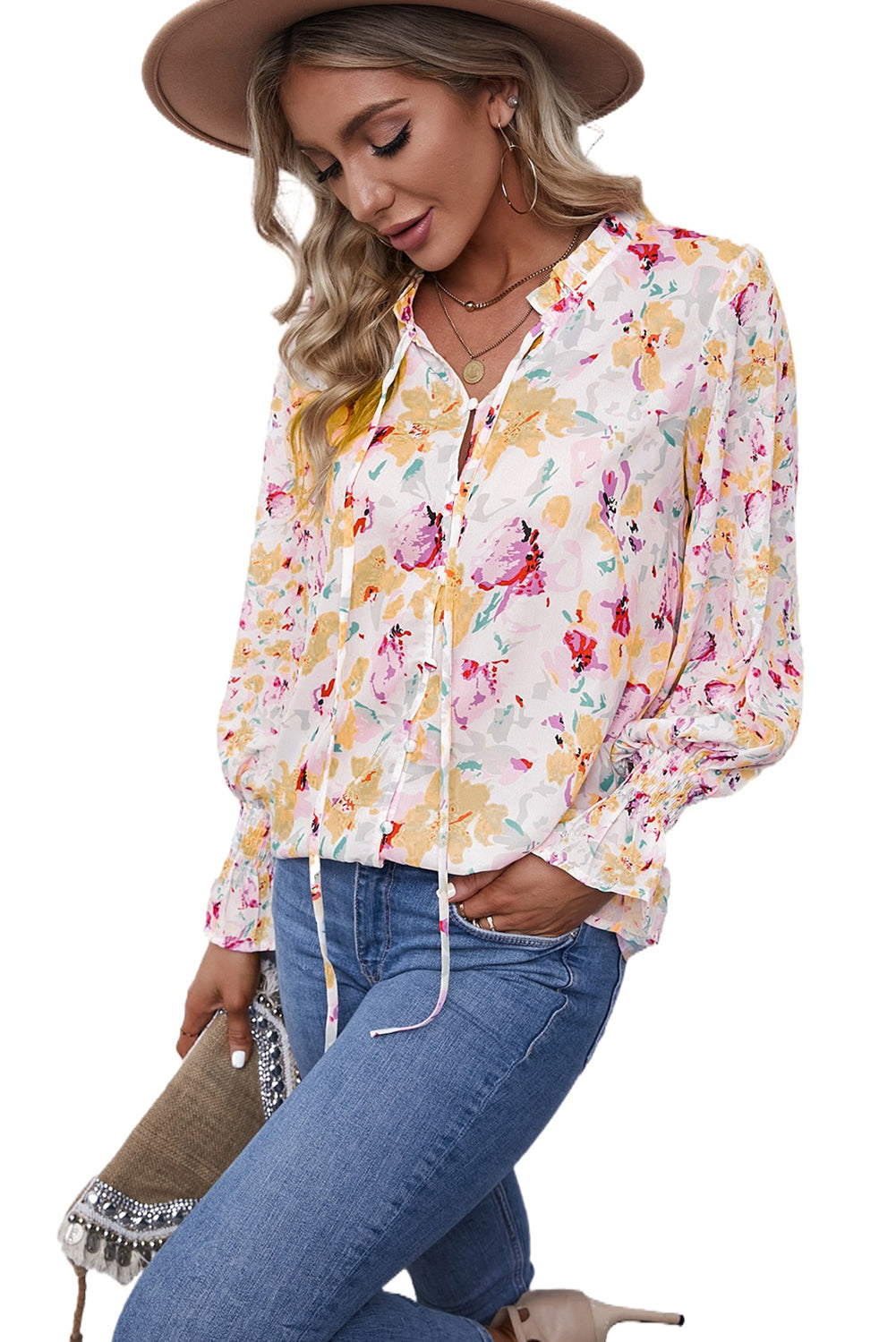 Red Floral Print Boho Tie Front Long Sleeve Blouse for Women
