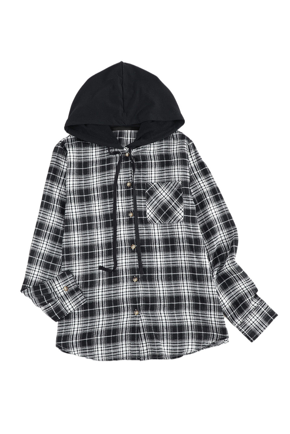 Black Plaid Drawstring Hooded Shacket