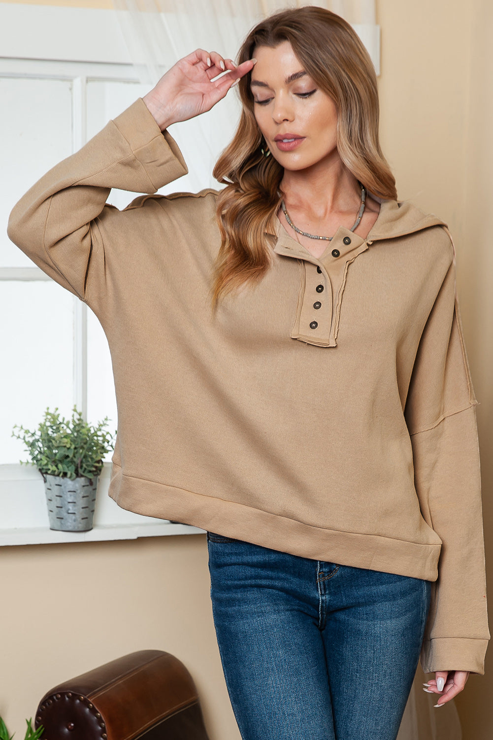 Khaki Solid Casual Button Patchwork Seam Trim Hoodie