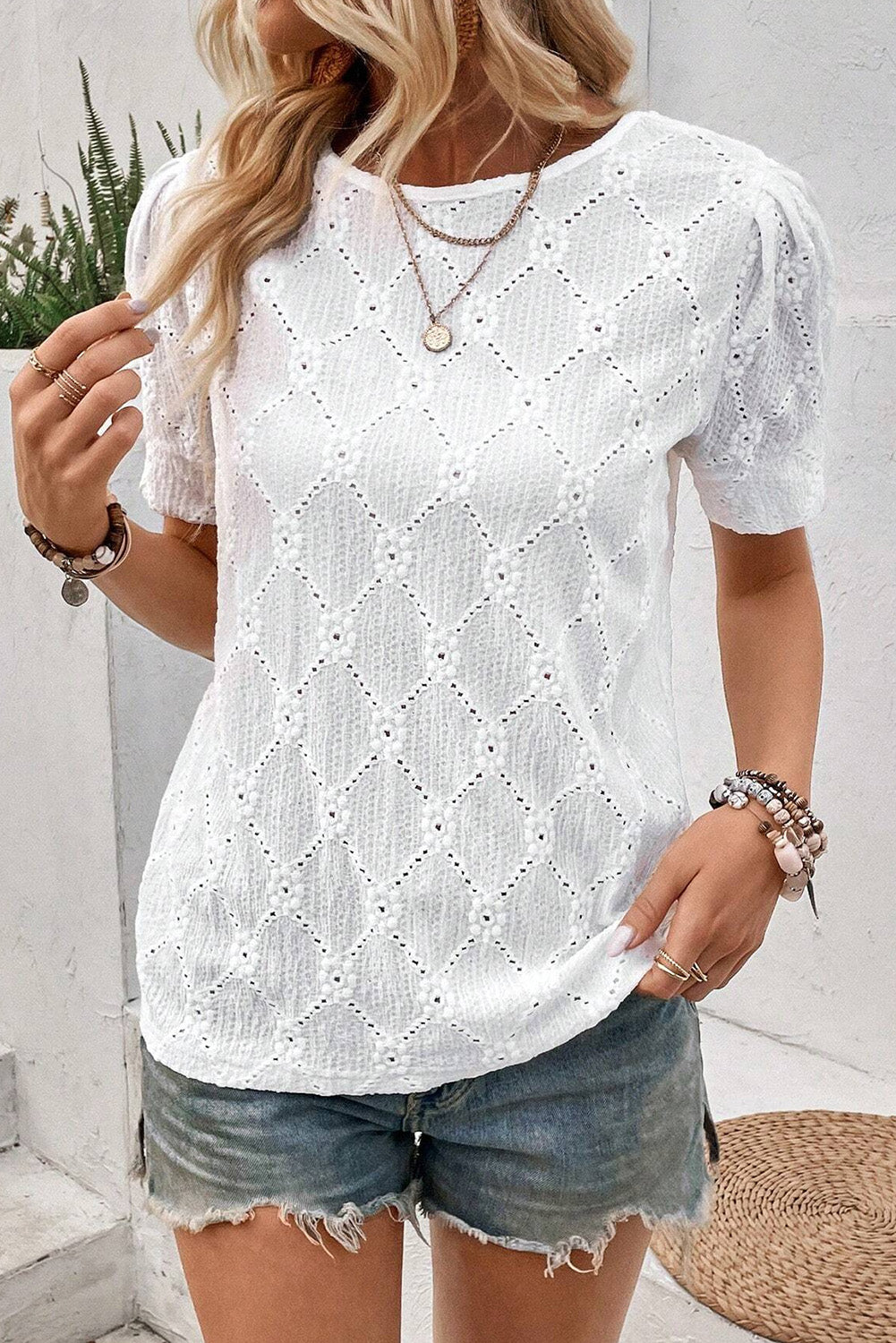 White Eyelet Embroidered Short Puff Sleeve Blouse