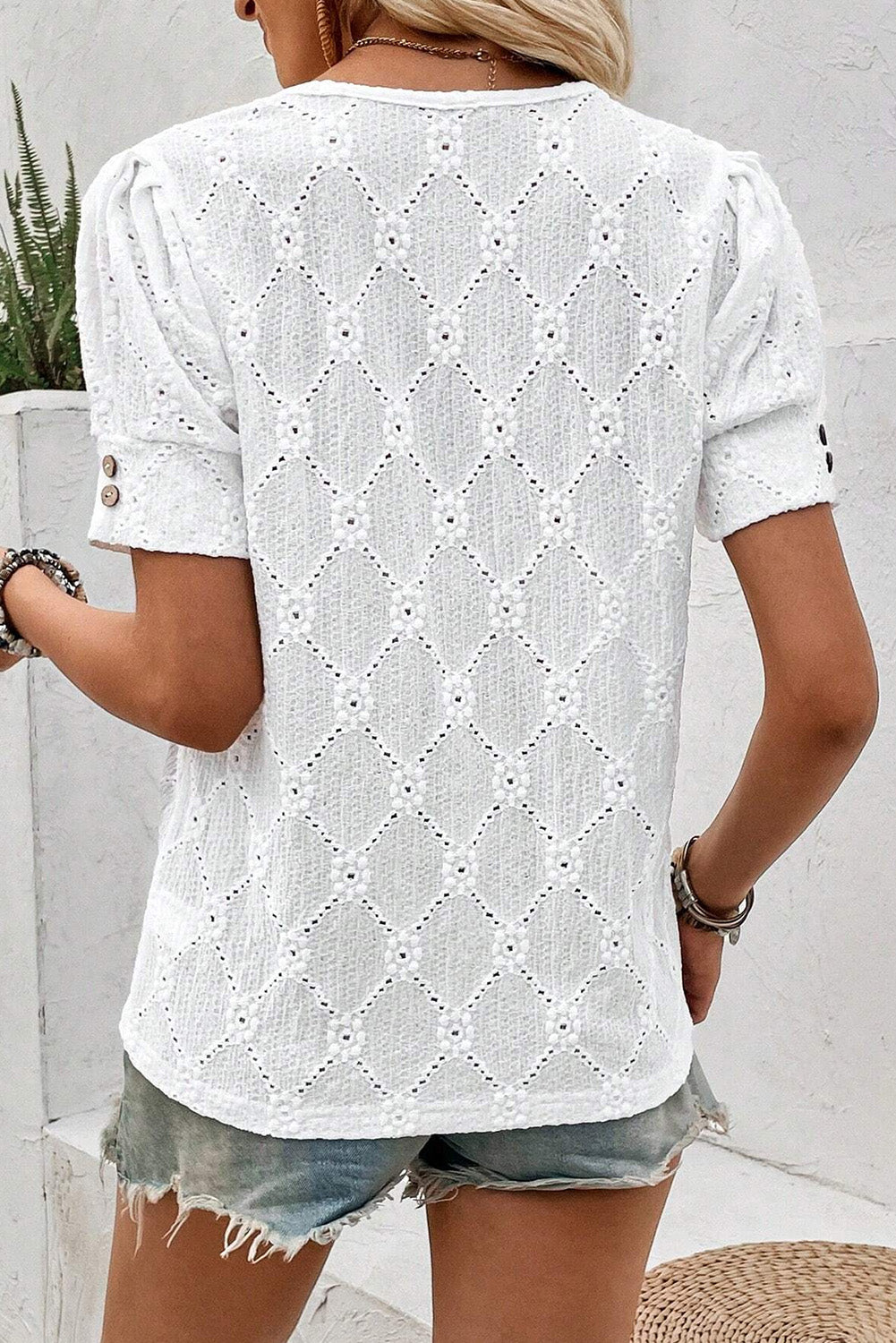 White Eyelet Embroidered Short Puff Sleeve Blouse