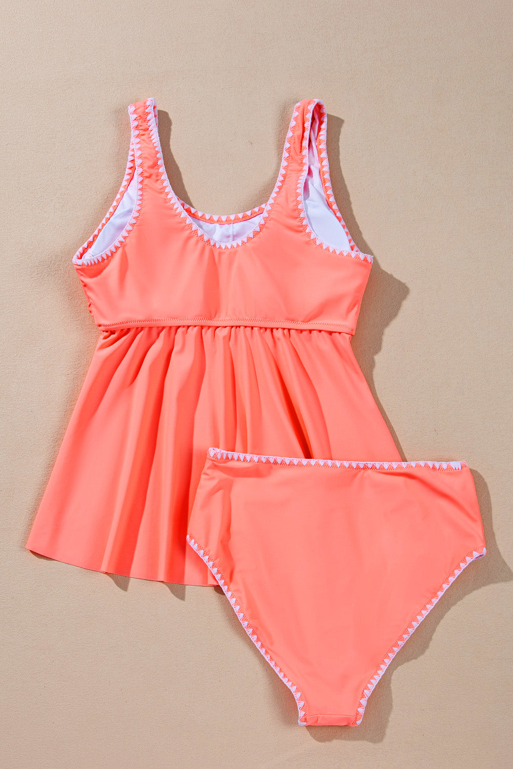 Fresh Salmon Contrast Trim Ruffled Peplum Tankini Set