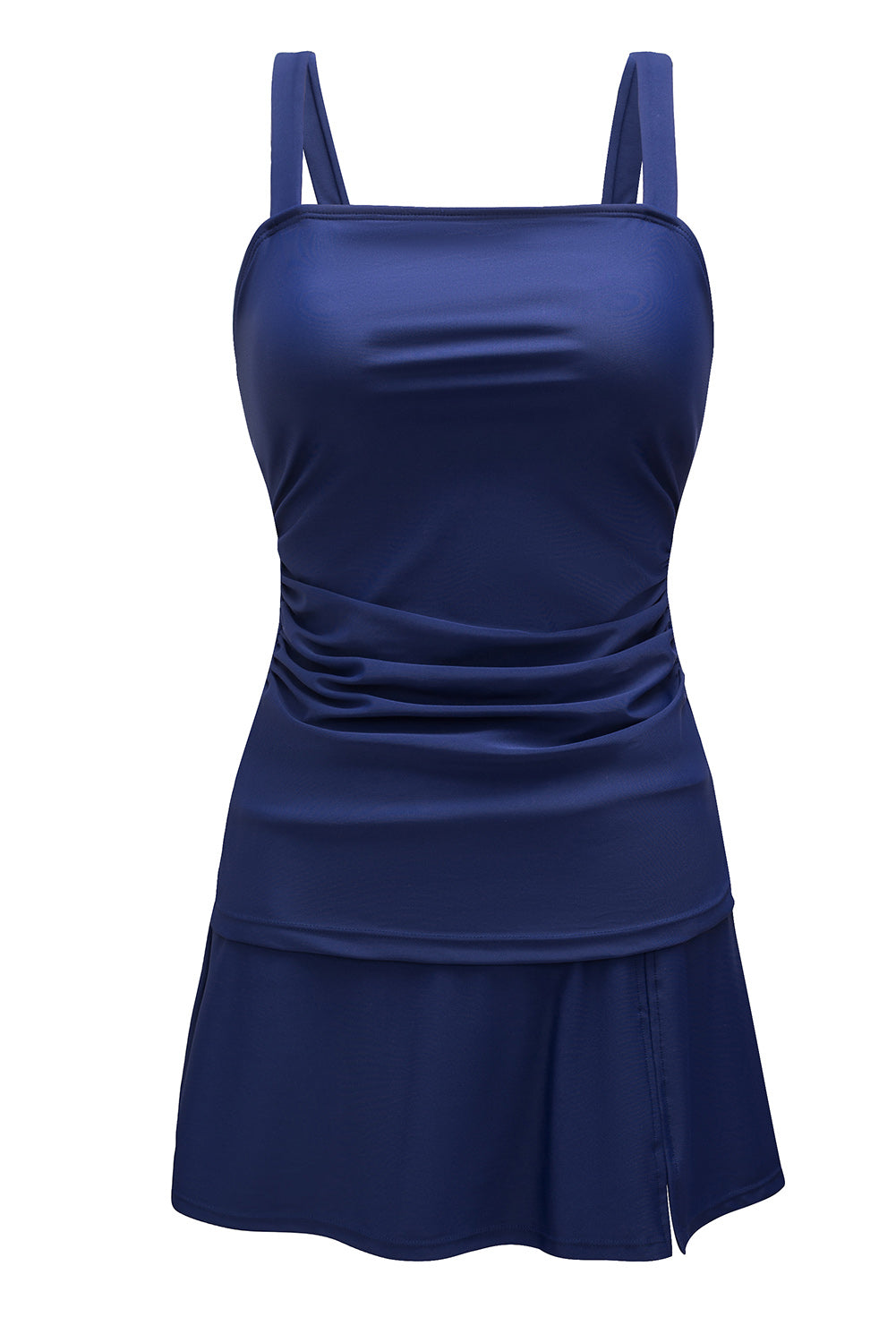 Blue Square Neck Adjustable Strap Ruched Tankini Swimsuit