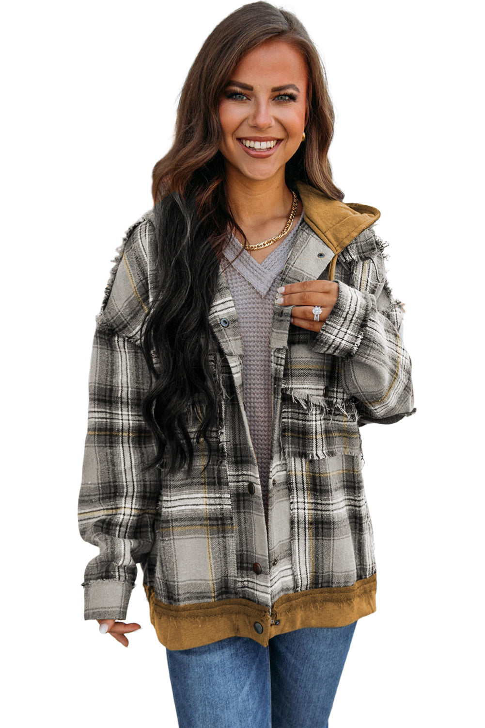 Grey Plaid Patchwork Frayed Trim Snap Button Hooded Jacket