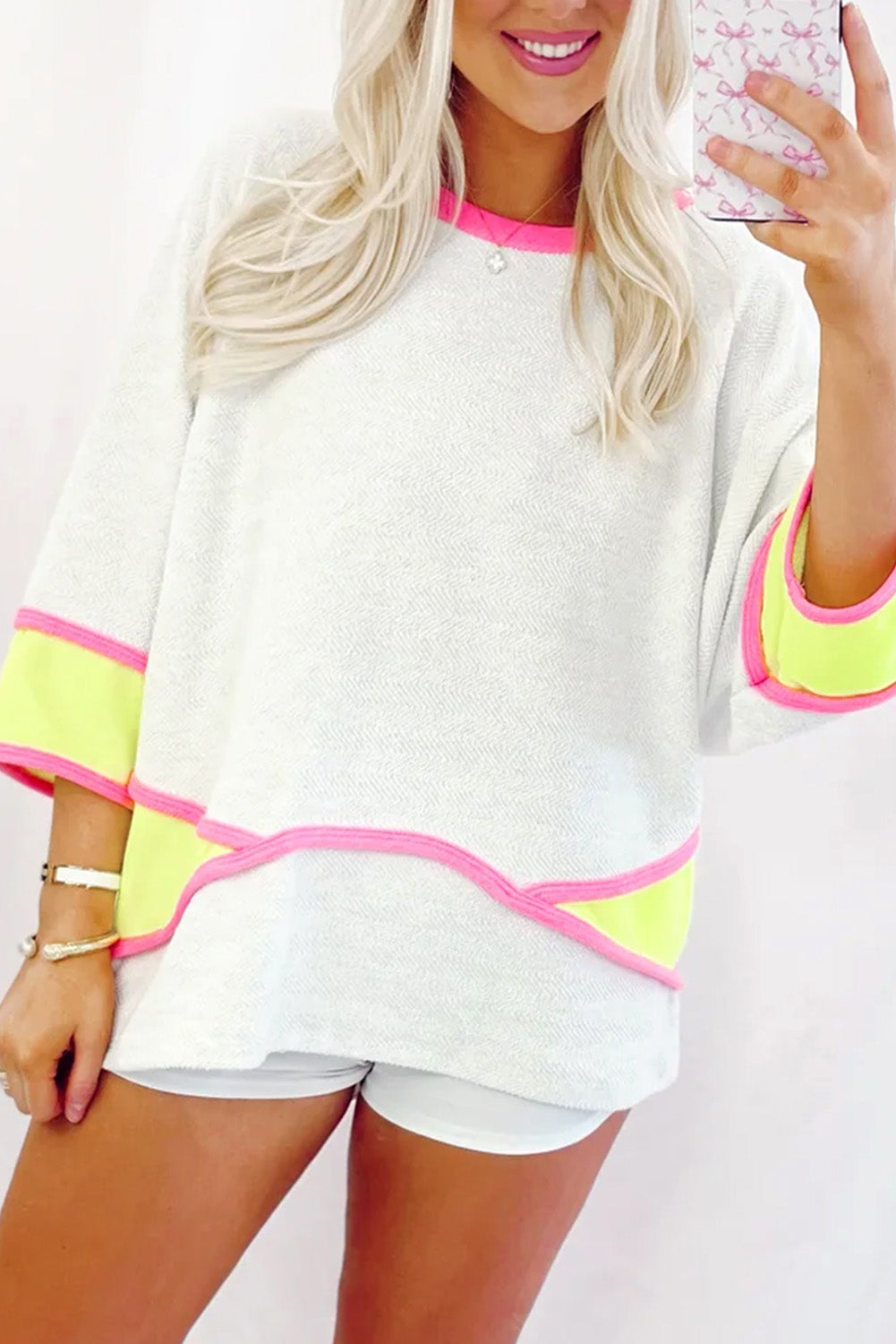 White Colorblock Three Quarter Length Sleeve Round Neck Shift Blouse