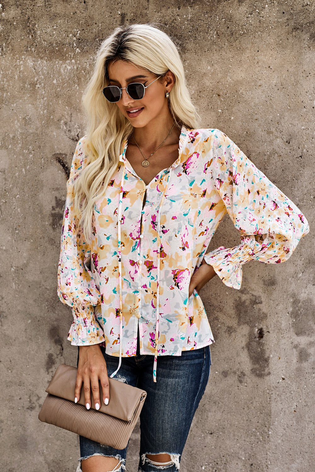 Red Floral Print Boho Tie Front Long Sleeve Blouse for Women