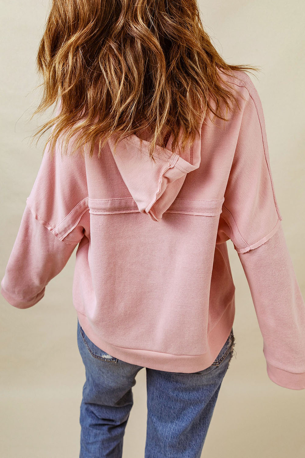 Khaki Solid Casual Button Patchwork Seam Trim Hoodie