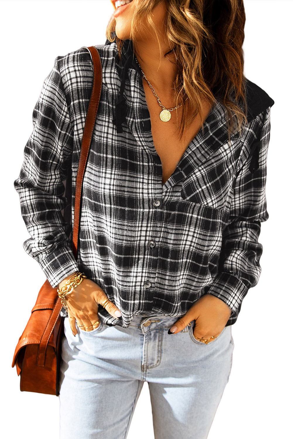 Black Plaid Drawstring Hooded Shacket