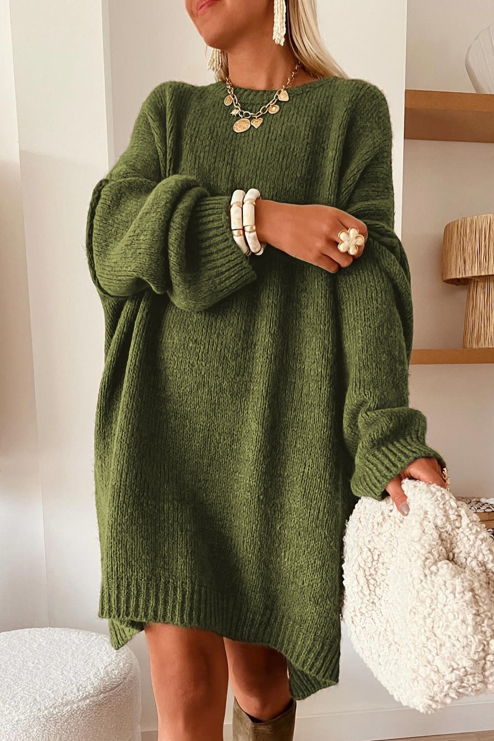 Pale Khaki Oversize Drop Shoulder Slouchy Sweater Dress - Kustom Kreations Goods