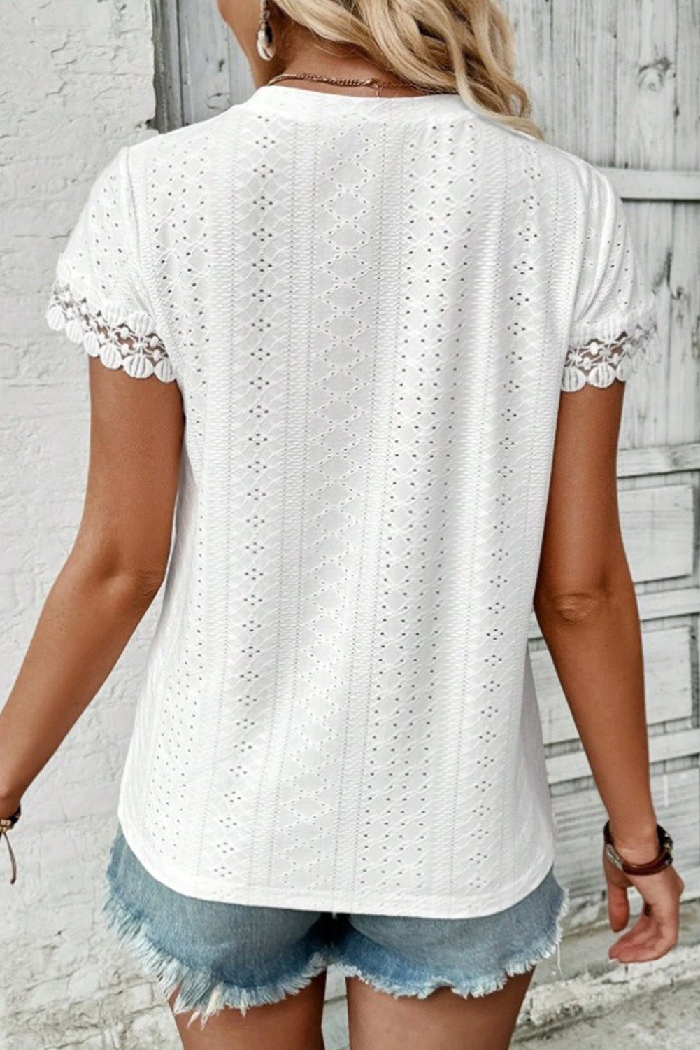 White Solid Color V-Neck Lace Patchwork Eyelet Blouse