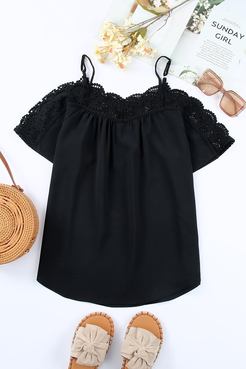Red Crochet Cold Shoulder Spaghetti Strap Top