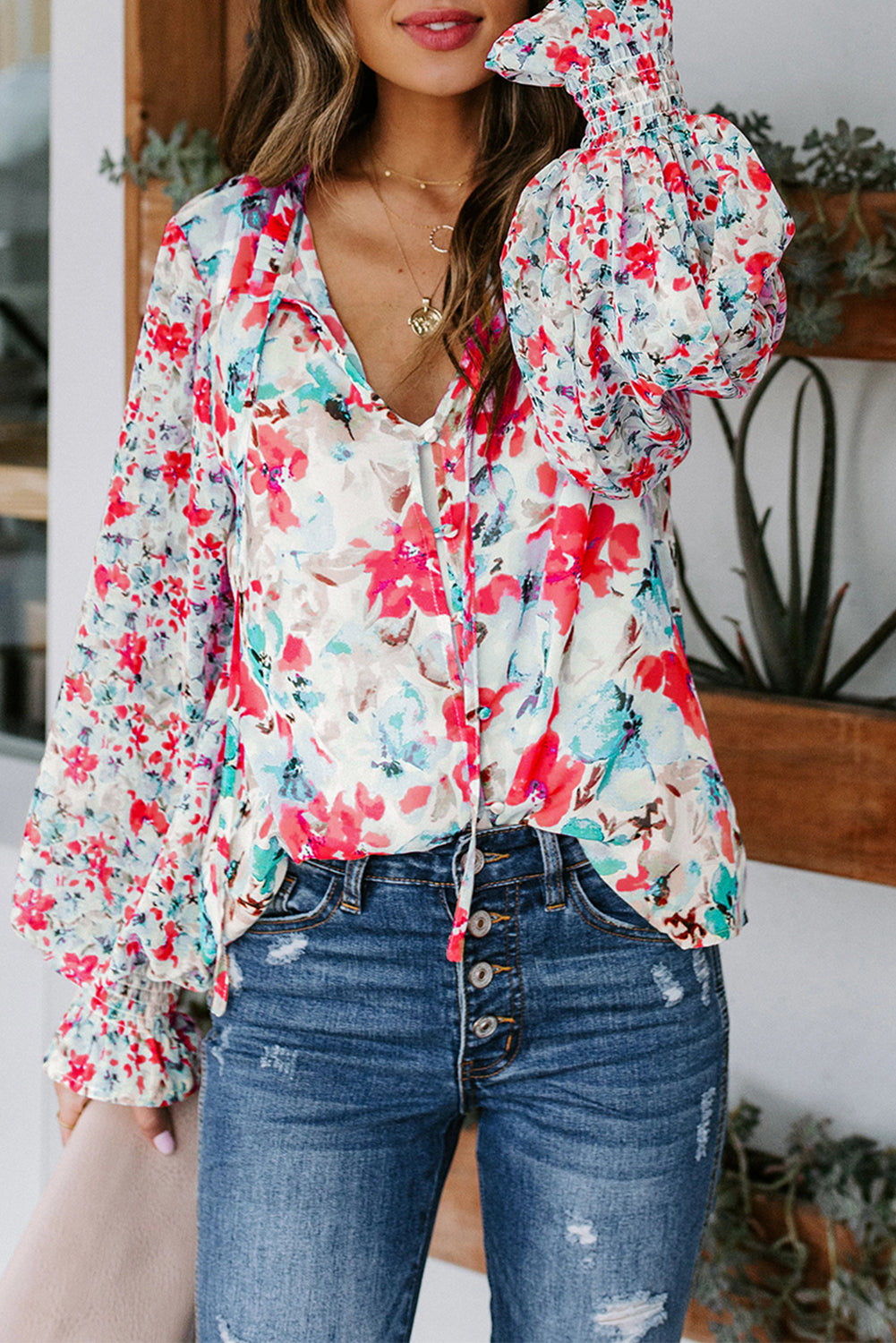 Red Floral Print Boho Tie Front Long Sleeve Blouse for Women