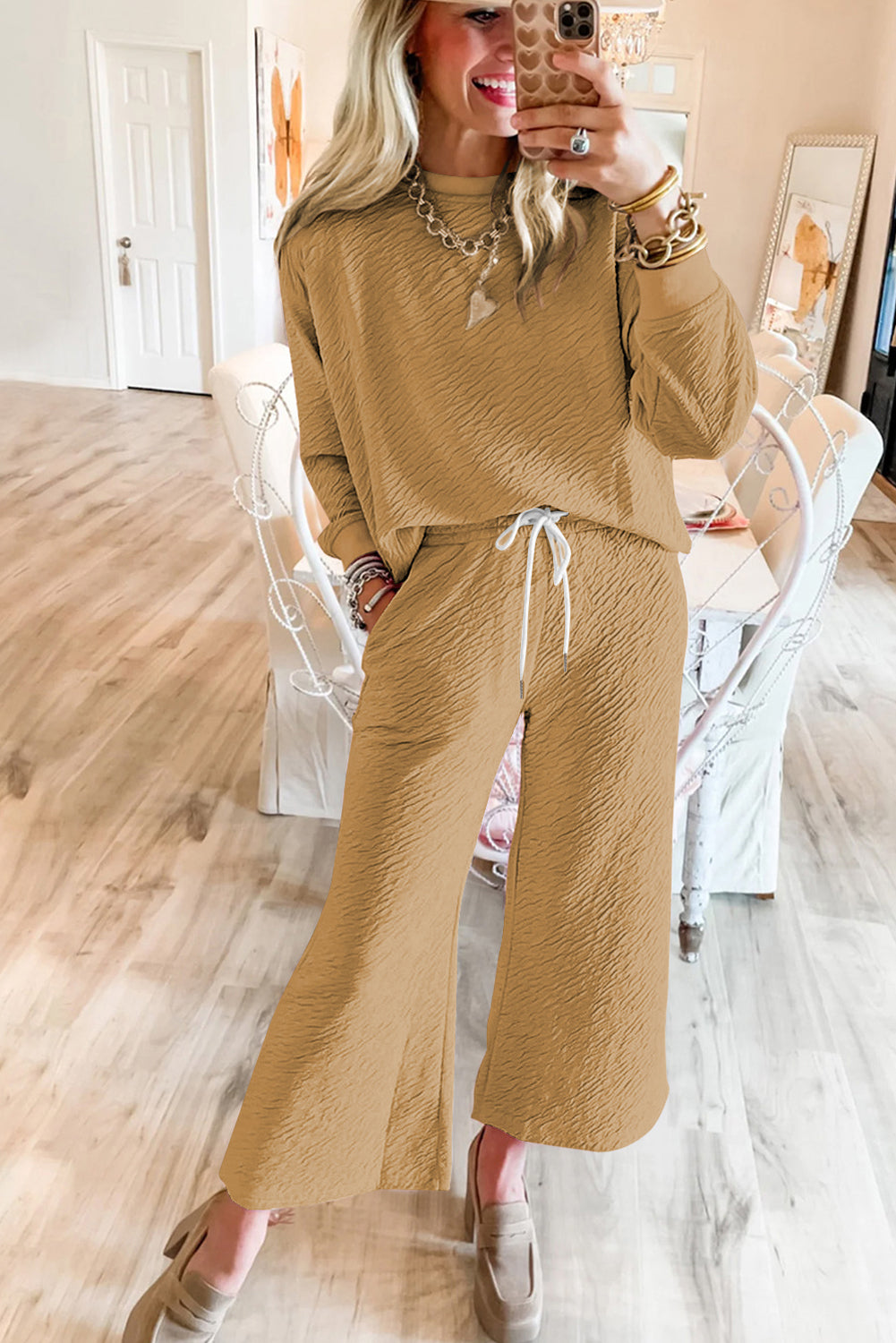 Light Beige Plain Textured Long Sleeve Top and Pants Set