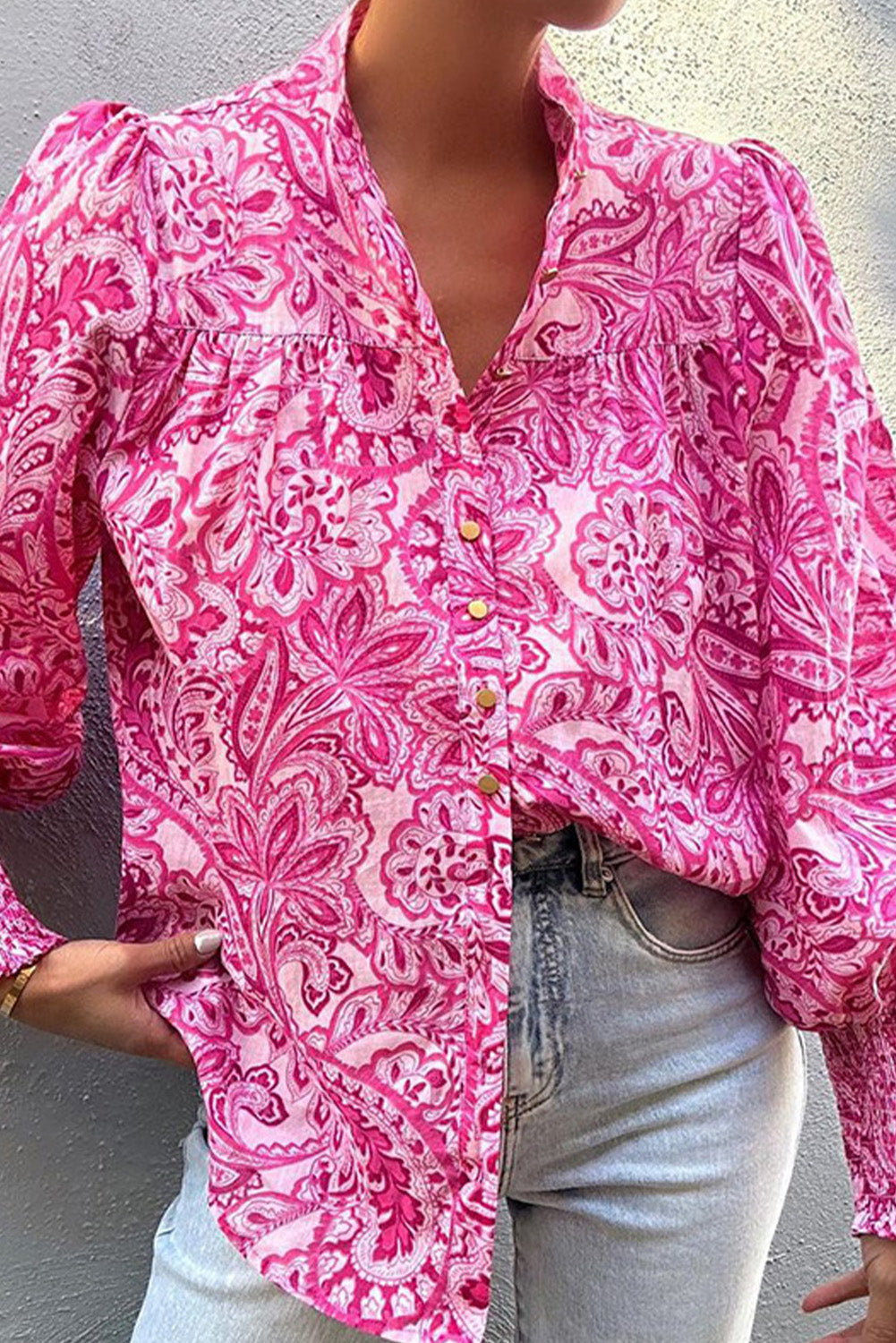 Rose Floral Print Bubble Smocked Sleeve Long Sleeve Blouse