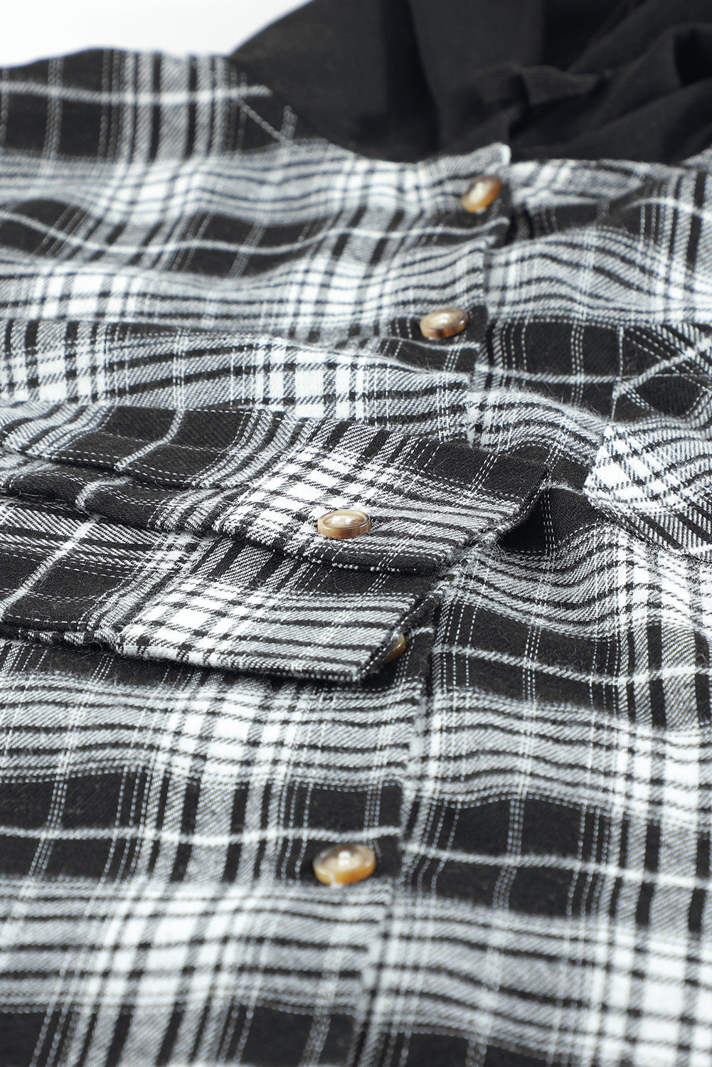 Black Plaid Drawstring Hooded Shacket