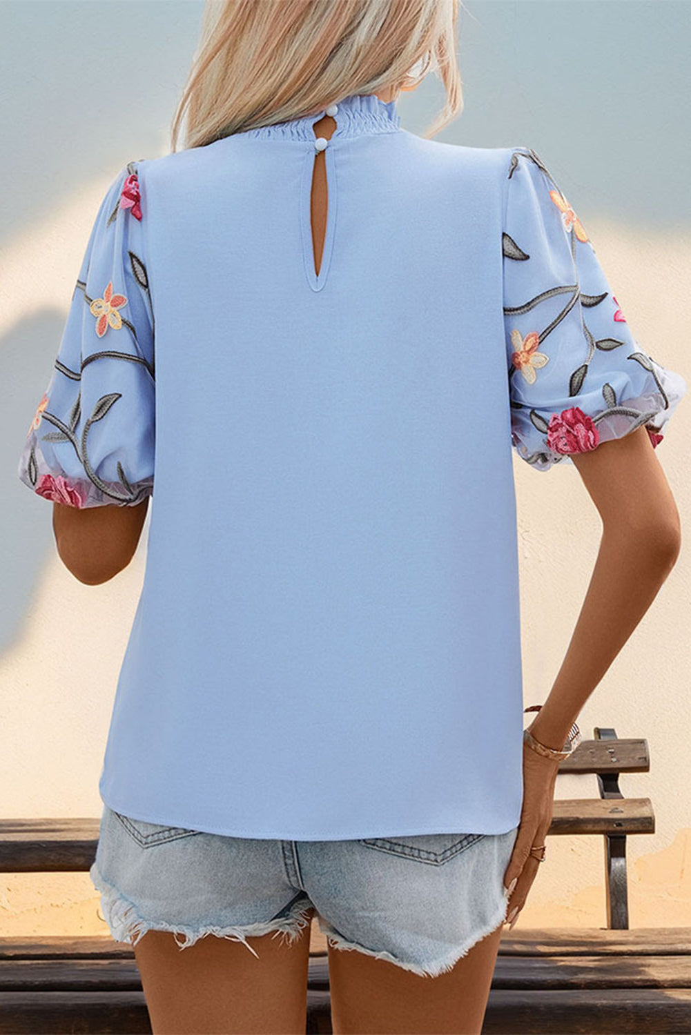 Sky Blue Mesh Floral Puff Sleeve Frill Neck Blouse