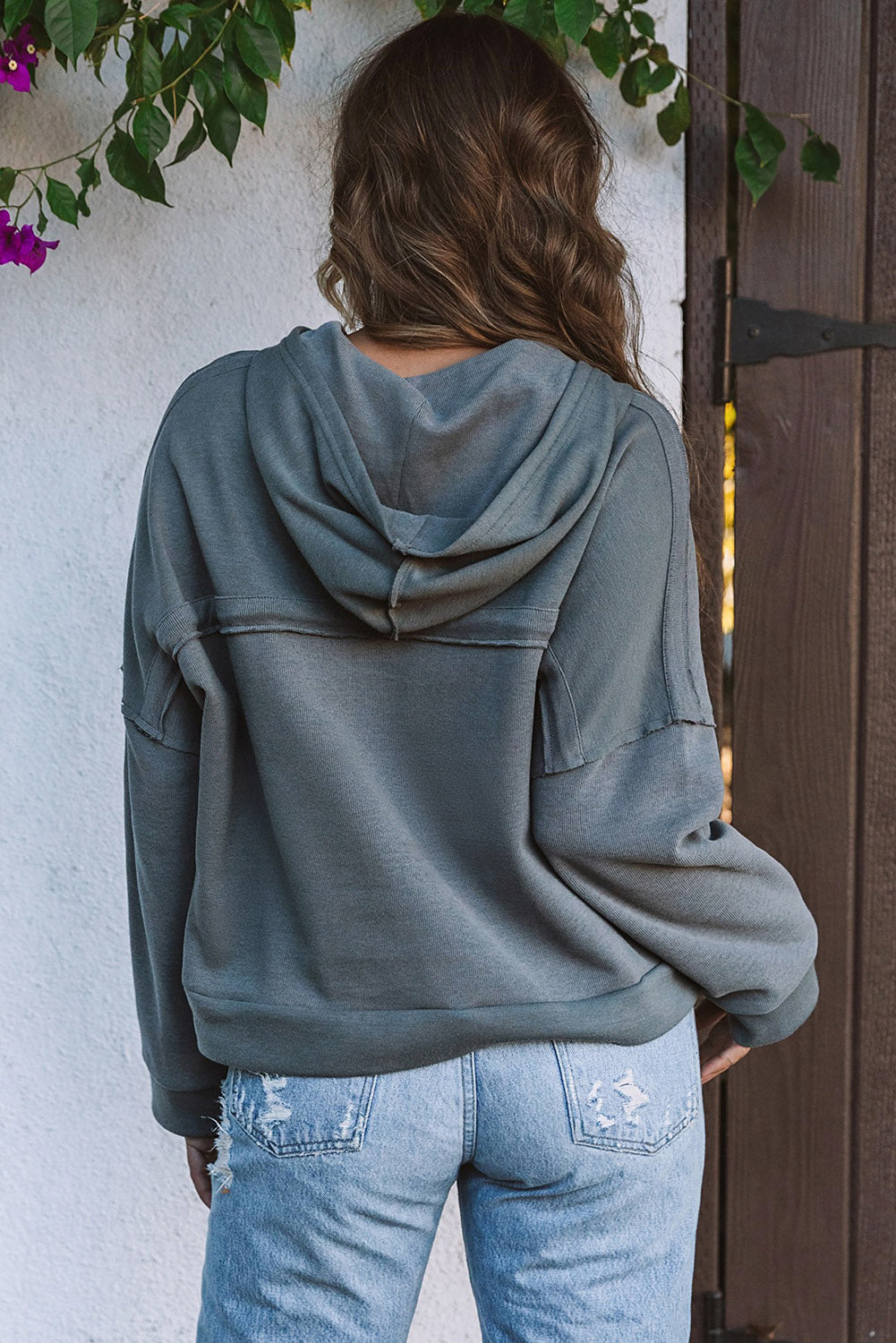 Khaki Solid Casual Button Patchwork Seam Trim Hoodie