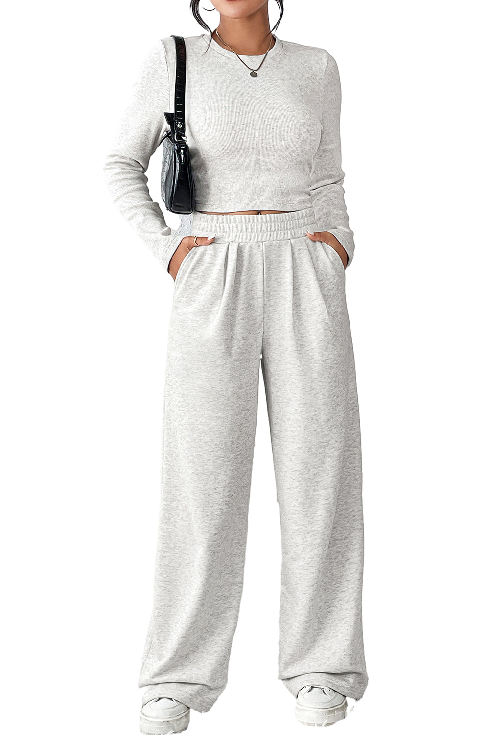 Black Long Sleeve Crop Top And Wide Leg Pants Set - Kustom Kreations Goods