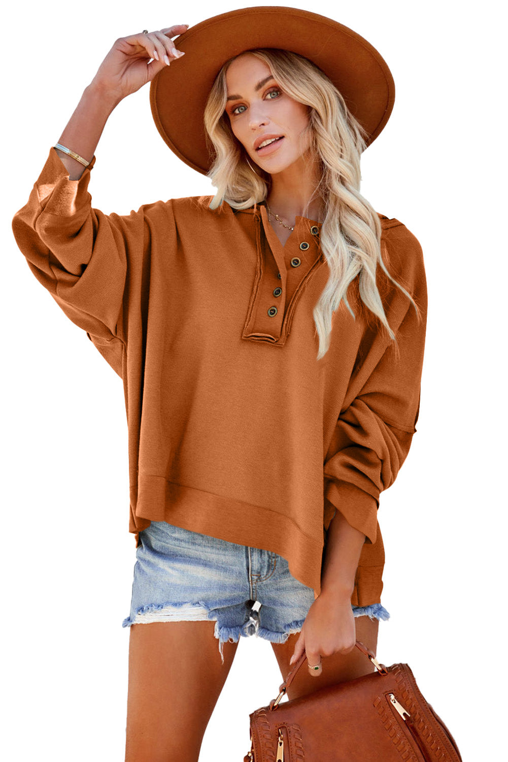Khaki Solid Casual Button Patchwork Seam Trim Hoodie