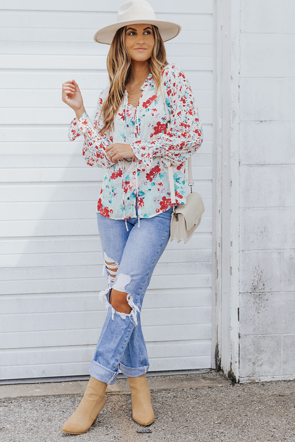 Red Floral Print Boho Tie Front Long Sleeve Blouse for Women